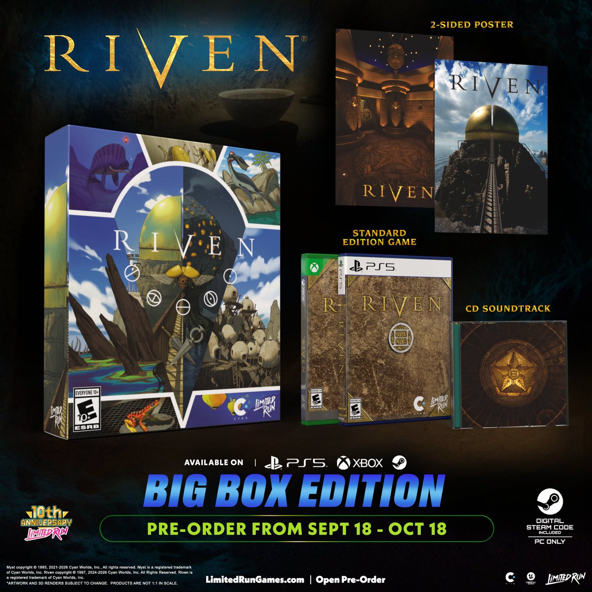 LimitedRunGames's tweet photo. Begin your surreal adventure September 18th...
Explore a world of mechanical fortresses, sky-high forests, caves of ice, and so much more.
Myst and Riven return in Big Box Editions.
Revisit two legendary adventures, a collection-worthy edition featuring the game, soundtrack, and a two-sided poster.
https://t.co/PtXZImQMm8