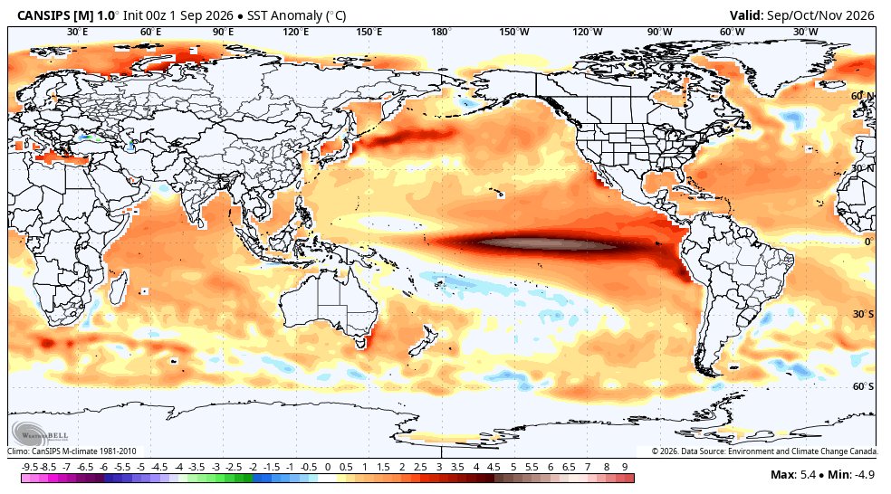 AtmoslabWX's tweet photo. GOOL GOOL GOOL 🤫

Süper El Niño klimatolojik izleri bariz.
Mayıs'tan bu yana ne anlattıysam o 🤠 

CanSIPS sonbahar güncellemesi, benim geçtiğimiz ay paylaştığım sezonluk tahminimde çizdiğim ana resmi daha da güçlendiriyor. 🌍 

Ekvatoral Pasifik’te güçlü pozitif yağış anomalisi, kuzey-güney flanklardaki kuraklıkla birlikte ITCZ/SPCZ’nin yeniden organize olduğunu gösteriyor. Hindistan-Bengal Körfezi daha kuru; ABD’nin güneydoğusu daha yağışlı. 

Kuzey Avrupa kuraklaşırken Balkanlar-Türkiye hattı belirgin pozitif anomalide. Marmara ve Karadeniz de güçlü sinyal taşıyor🌧⛈️. Türkiye’de mevsim toplamı normali aşması bekleniyor batı ve güney bölgelerinde normalden daha yüksek yağış görülebilir en hareketli dönem Ekim ve Kasım;  Orta Akdeniz siklonları istilası 🌀 ancak yağışın epizodik ve heterojen dağılması daha olası bu yinede akılda kalıcı sistemlerin işareti. Atmosferik nehir için IVT ayrıca izlenmeli. Pasifik, tropikal dolaşımın ana motoru konumunda net.
Bu arada sonbahar normalden sıcak