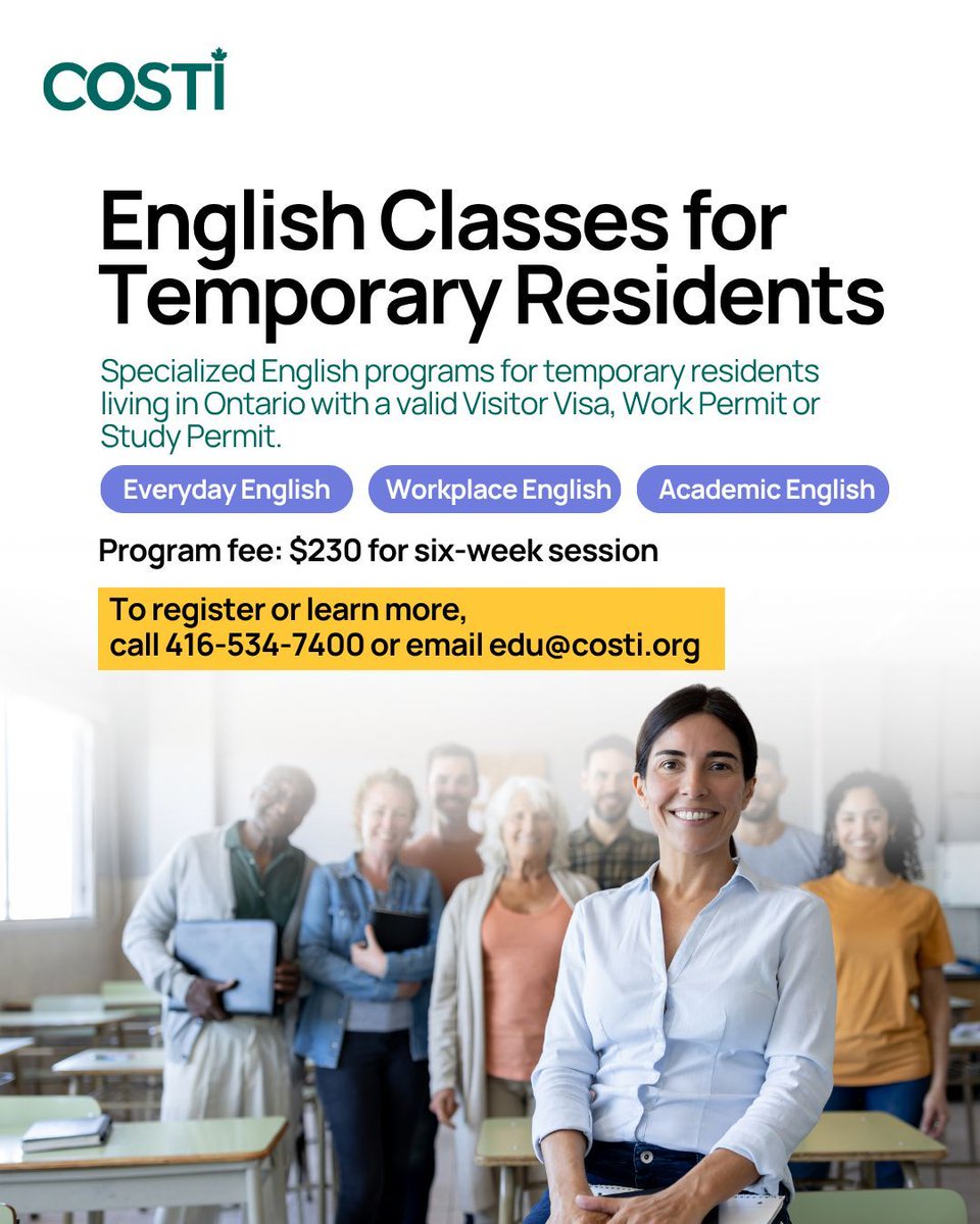COSTI_org's tweet photo. Want to speak better English? Learn to listen, speak, read and write. Sign up for COSTI's English classes for beginners to advanced speakers. Daytime and evening classes available. Call 416-534-7400 or email edu@costi.org! Know more: https://t.co/0yfFgx5IZN 

#EnglishClasses #ESL https://t.co/wnXr1GL2UR