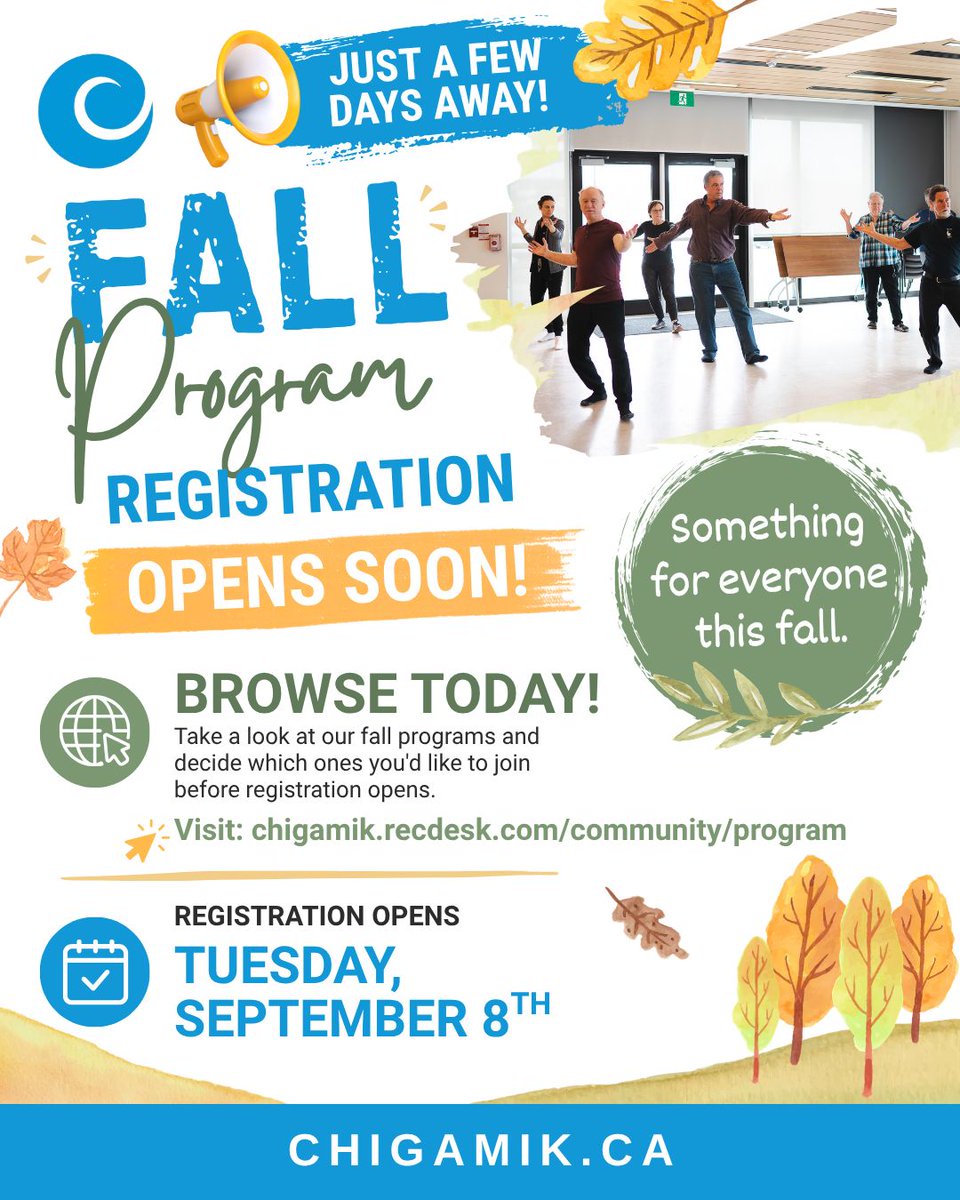 CHIGAMIK's tweet photo. 🍂 Just a few more days!

Fall program registration opens Tuesday, September 8th - have you decided which programs you'll be joining?

👉 Browse programs today: https://t.co/hnSG2beI5G

#CHIGAMIK #FallPrograms #CommunityWellness #RegisterSoon #CommunityHealth https://t.co/sEEM4kSSKf