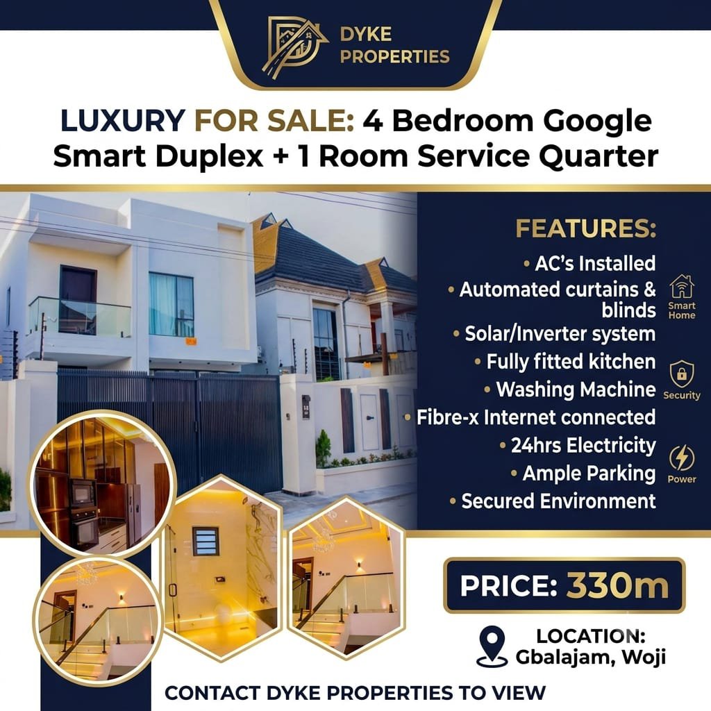 AlutaIjele's tweet photo. 🏡 SMART LUXURY DUPLEX FOR SALE — ₦330M

📍 Gbalajam, Woji, PH

4-Bedroom Google Smart Duplex + 1-Room Service Quarter.

✨ Solar/Inverter
✨ Fully fitted kitchen
✨ Automated curtains &amp; blinds
✨ 24hrs Power

📩 DM for inspection.

DYKE PROPERTIES — Where Legacies Are Built. https://t.co/Gvtp7SPpZq