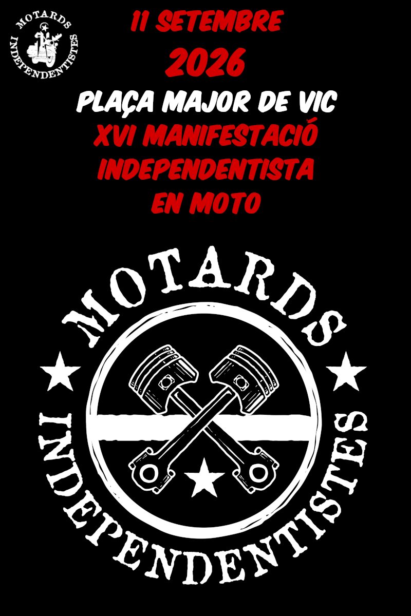 MOTARDS11S's tweet photo. Motards!

Arriba la XVI manifestació independentista en moto, 16 anys donant gas!

Convideu amics i amigues motoristes, prepareu motos i banderes, és hora de lluir la nostra determinació.

Us esperem a Vic!

Salut, Gas, Independència i República Catalana!

https://t.co/0AZlvFmiza https://t.co/xCnnjI0ezf