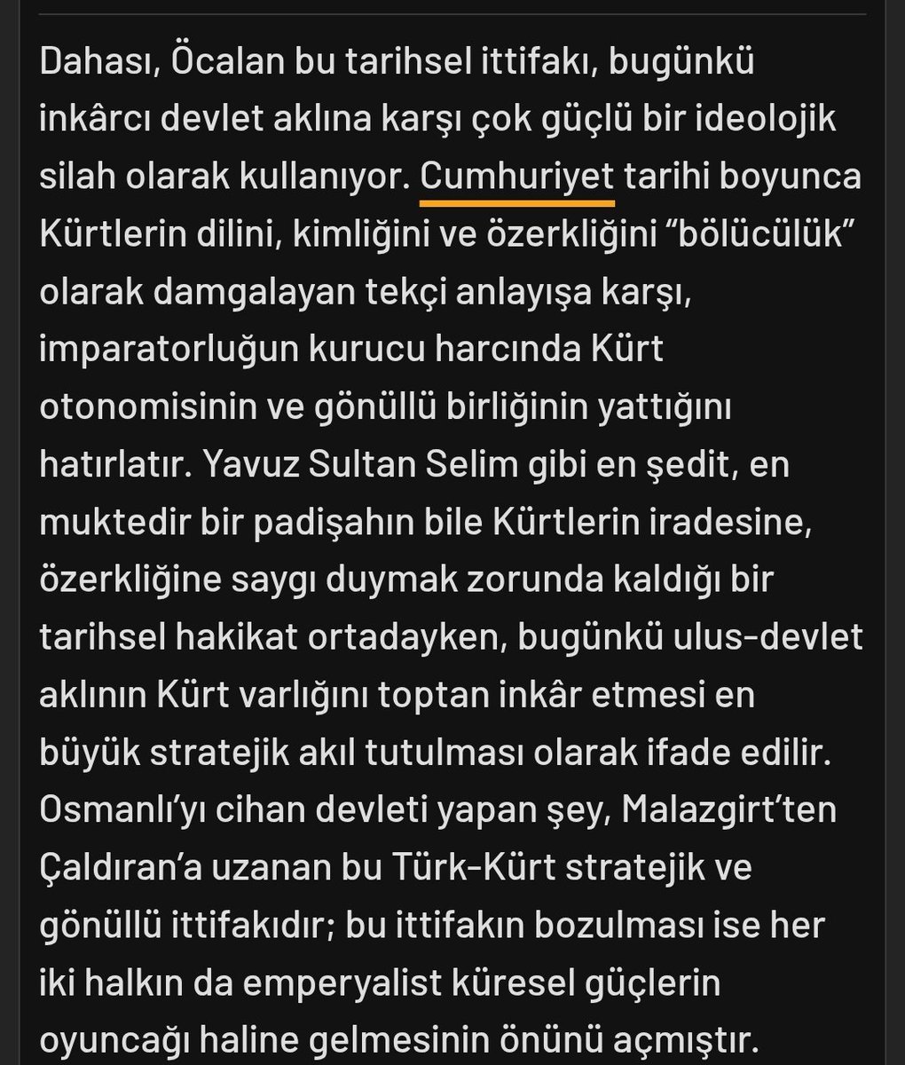 fatih_yasli's tweet photo. yazar iyi bir şey söyledigini sanıyor ama meselenin özü ve eleştirilen de zaten bu. cumhuriyet'in karşısına osmanlı'nın, yurttaşlık talebinin yerine islam çatısı altında buluşmanın, gerçek bir barış yerine yayılmacı bir jeopolitik ittifakın konulmasına itiraz ediliyor. https://t.co/7FIcVdWXqX