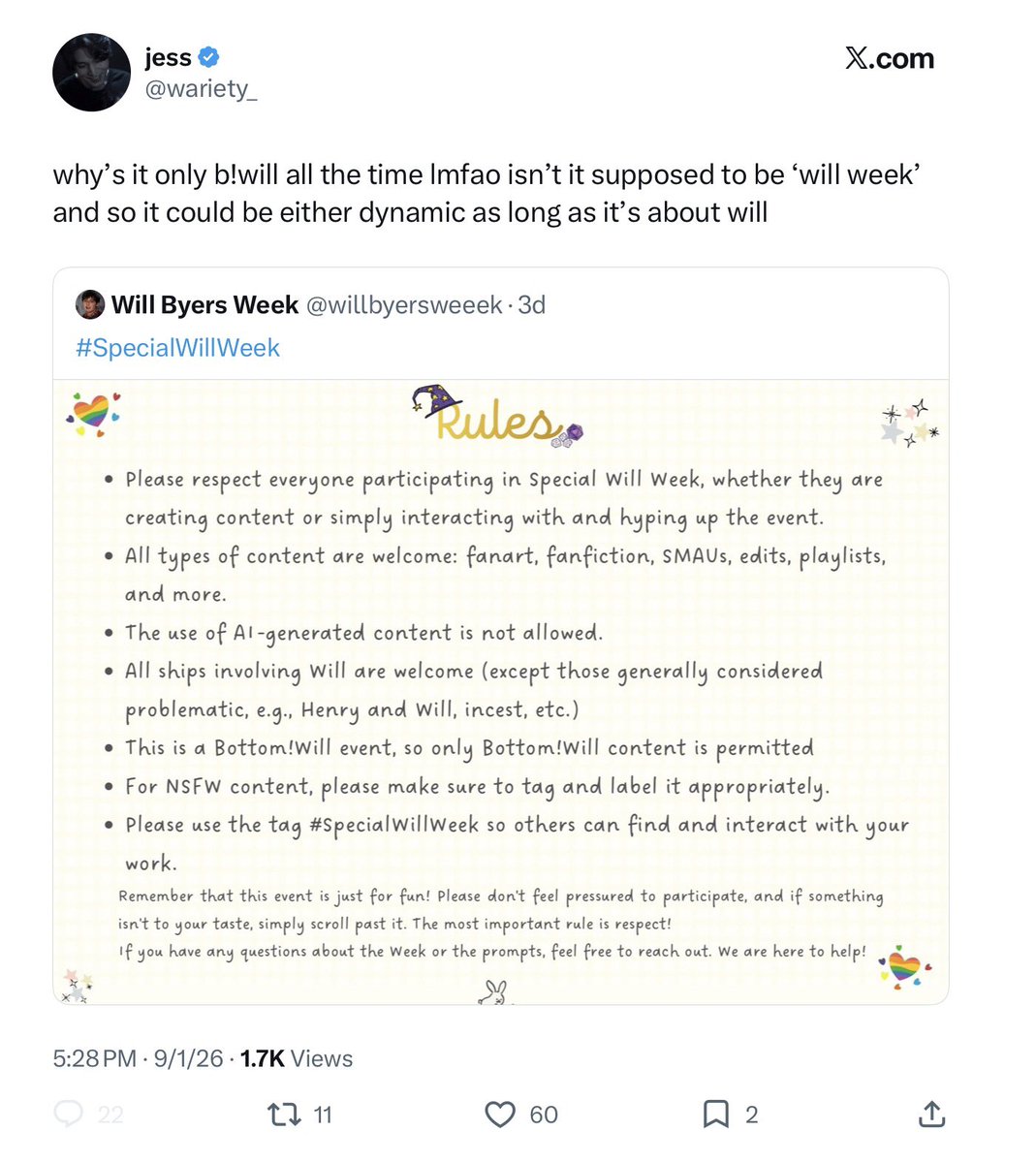 moebyers's tweet photo. This is such a disingenuous complaint including everyone in the comments because if t!will was allowed you guys would end up just making it all bout him topping mike specifically 💀 https://t.co/n2VSzDSLKN