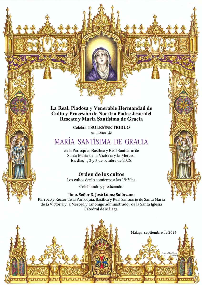 HdadRescate's tweet photo. ⚜️ 𝐓𝐑𝐈𝐃𝐔𝐎 𝐕. 𝐆𝐑𝐀𝐂𝐈𝐀

La Hermandad convoca a sus hermanos los días 1, 2 y 3 de octubre para celebrar el Solemne Triduo en honor a María Santísima de Gracia en el Santuario de la Victoria (@Pvictoriamalaga) a partir de las 19:30hs.

#CofradíasMLG https://t.co/pseDxvCYxD