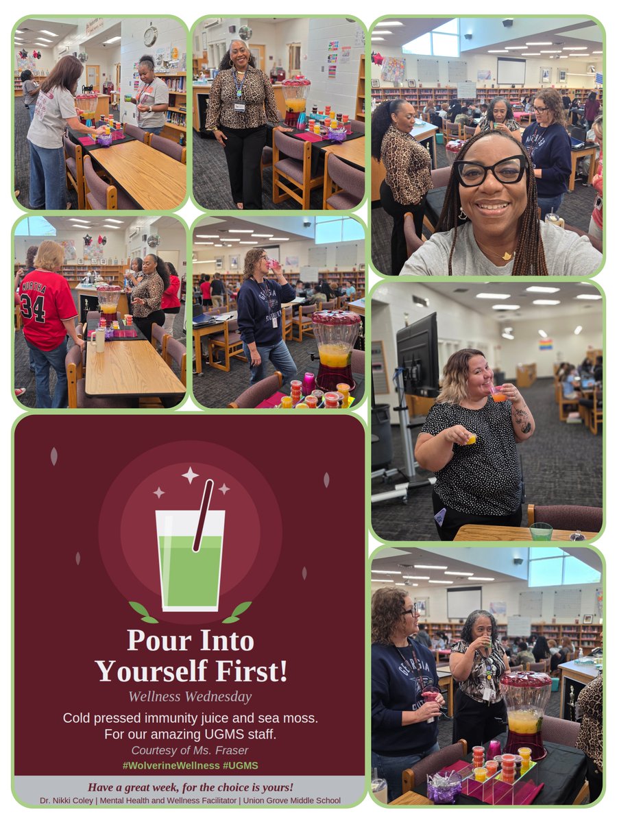 DrNikkiColey2's tweet photo. Wolverine Wellness Wednesday @ugmswolverines! Cold pressed immunity juice and sea moss for our amazing staff, courtesy of Ms. Frasier. Pour into yourself first! #WellnessHCS #HenryCARES
#aboveandbeyond
#WolverinesAlright https://t.co/aLZ5cy4lwq