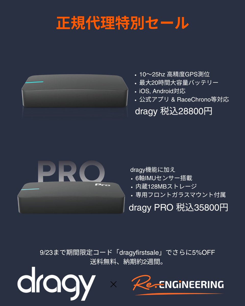 reengineeringjp's tweet photo. 【dragy 特別SALE】

欧米で人気を集めるdragy 25Hz GPSロガーを、https://t.co/CXn4ESQeIQ正規代理店として販売開始いたします。

■ dragy：28,800円
■ dragy Pro：35,800円

Proは6軸IMU／128MB内蔵ストレージ／専用マウント搭載。

コード「dragyfristsale」でさらに5%OFF。
詳細はリプライへ。 https://t.co/bMhd7sAAbJ