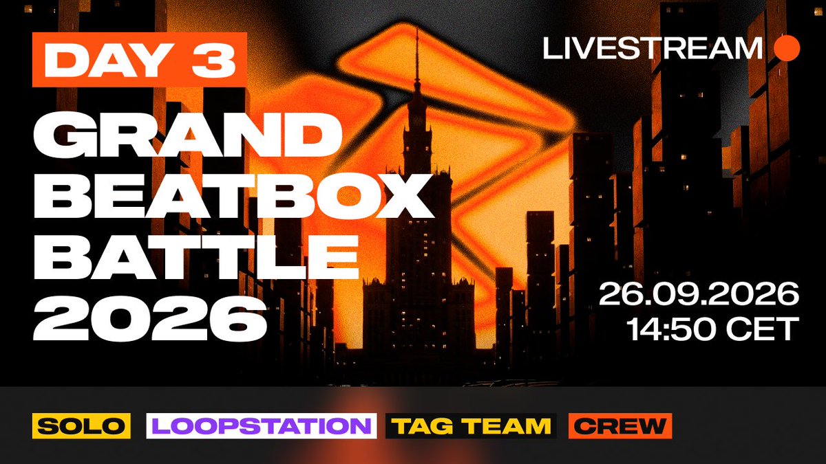 swissbeatbox's tweet photo. GBB26 goes LIVE in Warsaw 24.-26.9. 🇵🇱

Day 1 stream → https://t.co/prXnZtiQlp
Day 2 stream → https://t.co/Pm6aO2gwcN
Day 3 stream → https://t.co/DuUG3WCXGs

Save the links. See you there.

Join us: https://t.co/FHegGNQAJw

#GBB26 #GrandBeatboxBattle #Beatbox #Swissbeatbox https://t.co/2FAUGDonpo