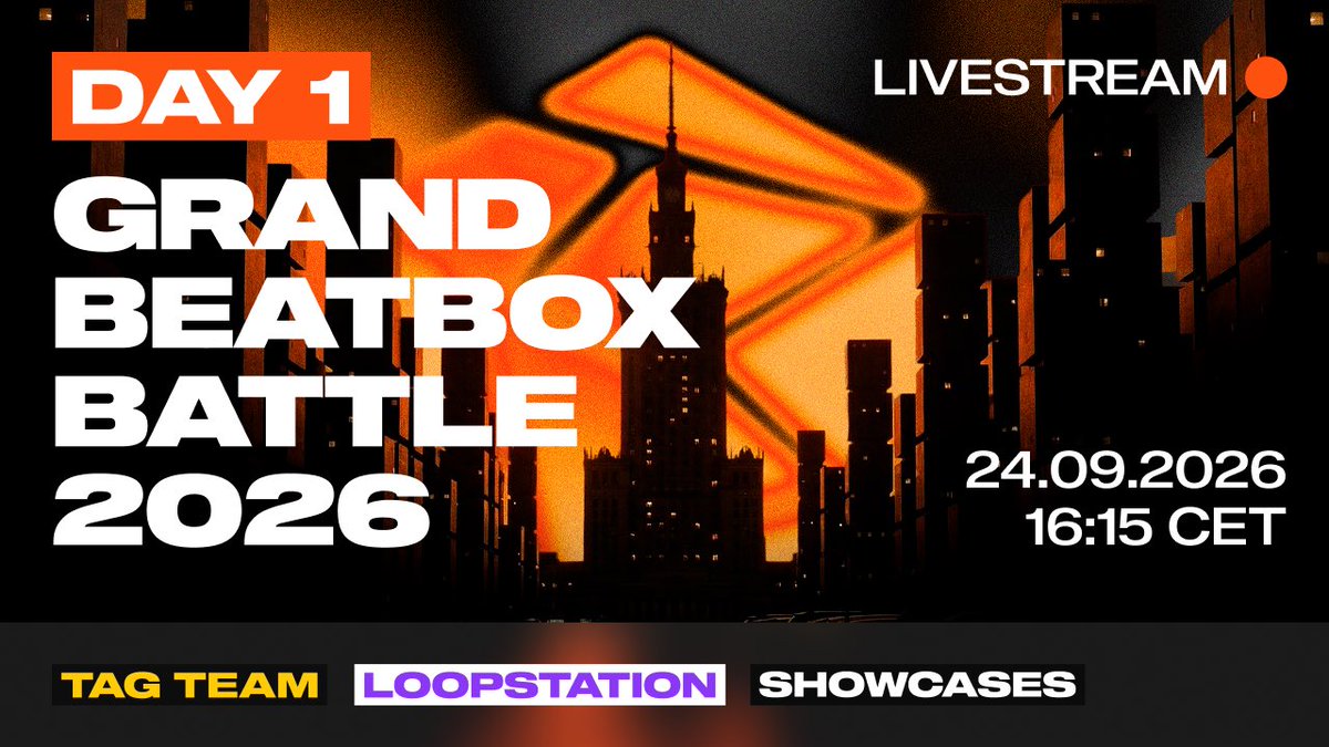 swissbeatbox's tweet photo. GBB26 goes LIVE in Warsaw 24.-26.9. 🇵🇱

Day 1 stream → https://t.co/prXnZtiQlp
Day 2 stream → https://t.co/Pm6aO2gwcN
Day 3 stream → https://t.co/DuUG3WCXGs

Save the links. See you there.

Join us: https://t.co/FHegGNQAJw

#GBB26 #GrandBeatboxBattle #Beatbox #Swissbeatbox https://t.co/2FAUGDonpo