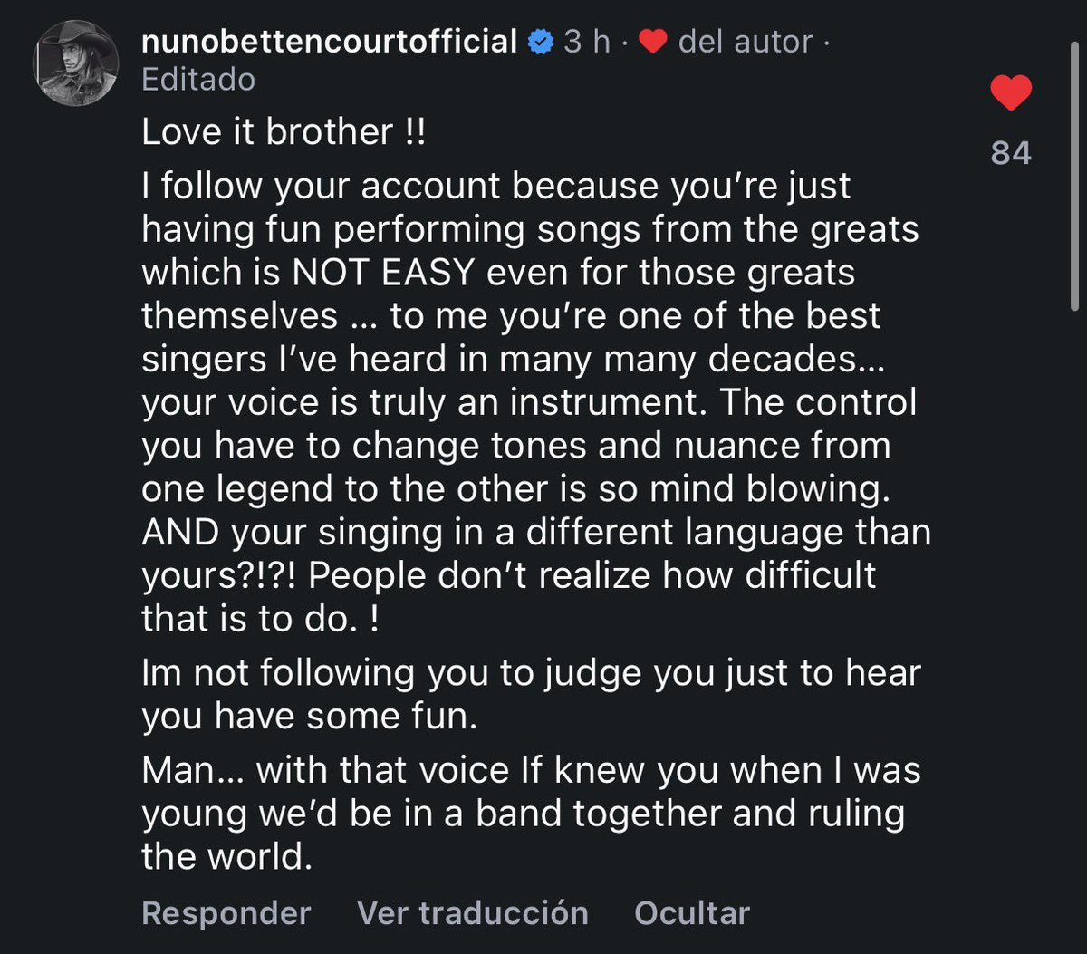 NachoObes's tweet photo. Ayer hice este vídeo (para Instagram) demostrándole a un “detractor” que canto en vivo, que no necesito trucos. De la nada recibí estas palabras de Nuno Bettencourt, Guitarrista de Extreme 🤯🤩 … https://t.co/aiO0A667Be