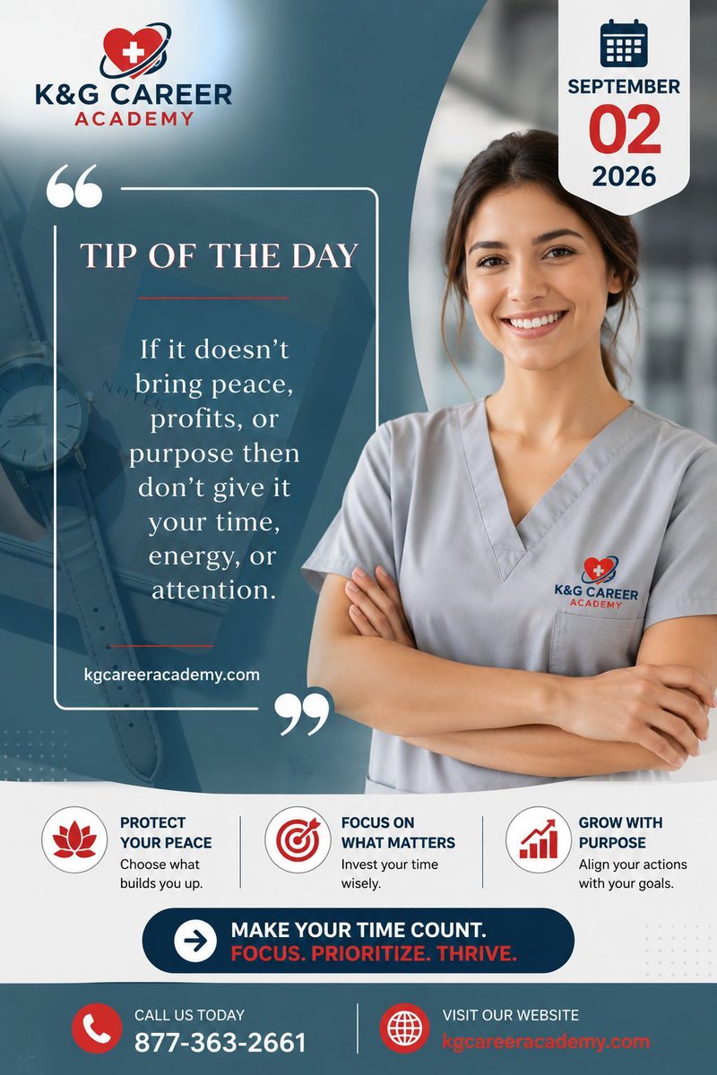 kgcareeracademy's tweet photo. Protect your peace, value your time, and stay focused on what truly matters.
#KGCareerAcademy #TipOfTheDay #StayFocused #HealthcareTraining #CareerGrowth #FutureHealthcareProfessionals https://t.co/R7cvutqMfL
