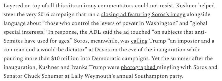 RadicalLib's tweet photo. Kayfabe: The practice of presenting scripted and staged events as if they were real, genuine competition.

I cannot recommend enough the stellar work of @JoseAlNino, here on the supposed conflict between the "right" (Kushner) and the "left" (Soros). https://t.co/QpAXscQBPS