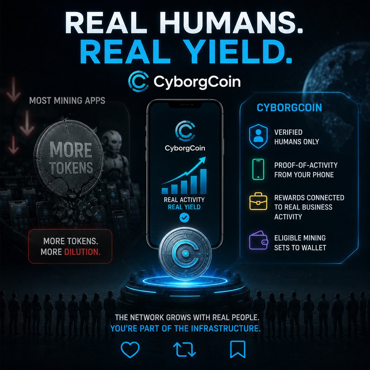 CyborgcoinCYB's tweet photo. Most mining apps pay you with more tokens.
That’s not yield. That’s dilution.

#CyborgCoin is built the other way:

✅ Verified humans only — not bot farms
📱 Proof-of-Activity from a phone you already own
🏦 Rewards designed to connect to real business activity, not endless inflation
⚡ Eligible mining can settle to wallet instead of sitting locked in-app forever

If the network only grows when real people show up, early users aren’t just farming a chart.

They’re part of the infrastructure.

Download: https://t.co/iasFae7Vi0

Real humans. Real activity. Real yield.

#CYB #CyborgChain #RWA #DeFi #crypto #web3 #CryptoMining #bitcoin