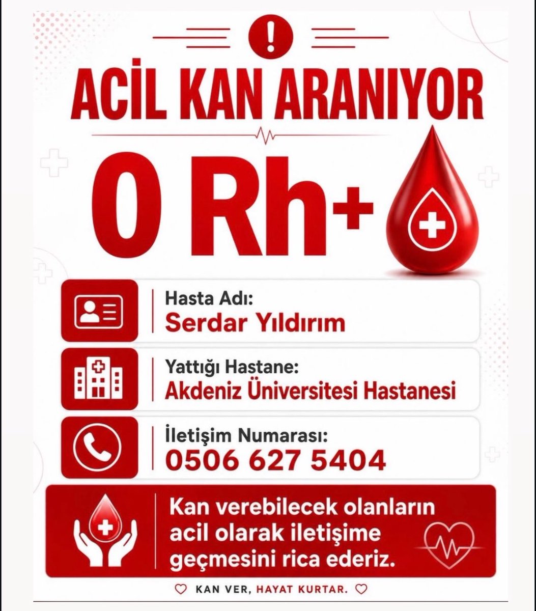 ilgincbisey's tweet photo. Akdeniz Üniversitesi Hastanesindeki yakınımız Serdar Yıldırım için 0 RH+ kan aranıyor. İletişim Numarası: 05066275404

Yayarsanız minnettar olurum. https://t.co/O6wahT6rSr