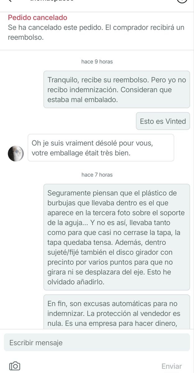 KeptwitLarsan's tweet photo. @vinted_es @vinted #Vinted #VintedEspana #AtencionAlCliente #EstafaVinted #VintedFrance
Capturas de diálogos con el comprador sobre el estado del paquete. Se desmiente la excusa de @Vinted_ES. @Vinted Ignora al propio comprador (quien aporta pruebas) para no indemnizar...👇 https://t.co/jhbkIWDmqJ