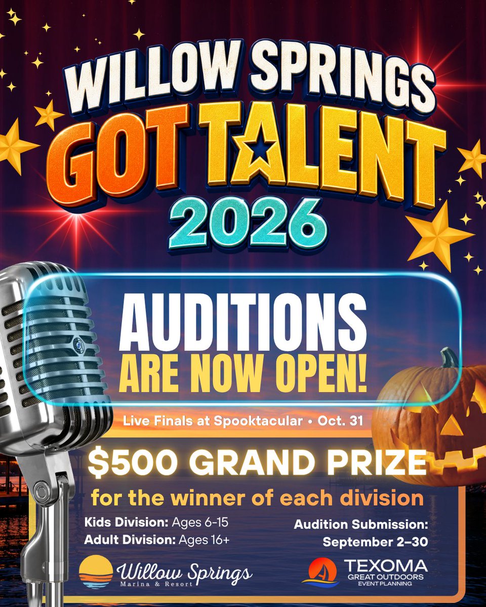 willowspringsok's tweet photo. 🎤 𝐖𝐢𝐥𝐥𝐨𝐰 𝐒𝐩𝐫𝐢𝐧𝐠𝐬 𝐆𝐨𝐭 𝐓𝐚𝐥𝐞𝐧𝐭 𝟐𝟎𝟐𝟔 is officially happening, and we’re giving away $𝟏,𝟎𝟎𝟎 𝐢𝐧 𝐭𝐨𝐭𝐚𝐥 𝐩𝐫𝐢𝐳𝐞𝐬! 🏆

𝐀𝐮𝐝𝐢𝐭𝐢𝐨𝐧𝐬 𝐚𝐫𝐞 𝐍𝐎𝐖 𝐎𝐏𝐄𝐍 𝐟𝐨𝐫 𝐛𝐨𝐭𝐡 𝐝𝐢𝐯𝐢𝐬𝐢𝐨𝐧𝐬:

⭐ Kids Division, Ages 6–15
 ⭐ Adult Division, Ages 16+

The grand winner of each division will take home $𝟓𝟎𝟎! 💰

If you can sing, dance, play music, perform, make people laugh, or have a talent worth showing off, we want to see it. 🎶💃🎭

Submit your audition video from September 1–30 for a chance to advance to the Online Semifinals and earn a spot in the LIVE Finals at Spooktacular on October 31. 🎃🎤

𝐊𝐢𝐝𝐬 𝐃𝐢𝐯𝐢𝐬𝐢𝐨𝐧:

𝐀𝐝𝐮𝐥𝐭 𝐃𝐢𝐯𝐢𝐬𝐢𝐨𝐧:

📅 𝐀𝐮𝐝𝐢𝐭𝐢𝐨𝐧 𝐃𝐞𝐚𝐝𝐥𝐢𝐧𝐞: 𝐒𝐞𝐩𝐭𝐞𝐦𝐛𝐞𝐫 𝟑𝟎, 𝟐𝟎𝟐𝟔

Here’s how it works:
 🎥 Submit your audition video
 → ⭐ Selected contestants advance to the Online Semifinals
 → 🗳️ Public voting determines who moves on
 → 🎤 Finalists perform LIVE at Spooktacular on October 31

Know someone who should be on that stage? Tag them and send this their way. 👀🎤

Presented by 𝐖𝐢𝐥𝐥𝐨𝐰 𝐒𝐩𝐫𝐢𝐧𝐠𝐬 𝐌𝐚𝐫𝐢𝐧𝐚 & 𝐑𝐞𝐬𝐨𝐫𝐭 𝐚𝐧𝐝 𝐓𝐞𝐱𝐨𝐦𝐚 𝐆𝐫𝐞𝐚𝐭 𝐎𝐮𝐭𝐝𝐨𝐨𝐫𝐬.

#WillowSpringsGotTalent #WillowSpringsMarina #Spooktacular2026 #TexomaGreatOutdoors #LakeTexoma #TalentShow #AuditionsOpen