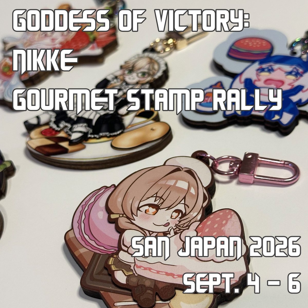 Owloo_Art's tweet photo. Commanders, Goddess of Victory: Nikke Foodie Stamp Rally is served at #sanjapan 2026! Each prize pack is a full set of 5 adorable con-exclusive layered wooden charms designed by participating artists (including me!).

I look forward to seeing you in San Antonio, Commander. https://t.co/cntHA48Vt9