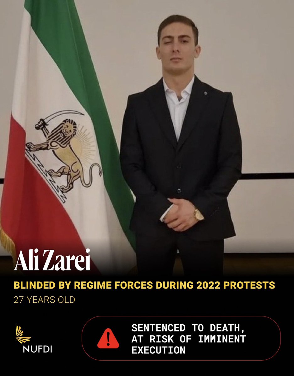 NUFDIran's tweet photo. 27-year-old Ali Zarei took to the streets alongside his countrymen in 2022 after the death of Mahsa Amini.

Regime forces shot him in the eye, leaving him blinded. He left the country, but later returning.

He has now been sentenced to death, for standing against the regime. https://t.co/rcz5ABEqdY