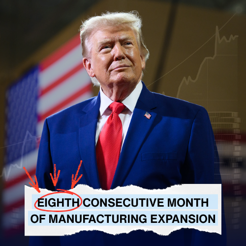 USTradeRep's tweet photo. For the EIGHTH month in a row, economic activity in manufacturing continued to expand.

This is a direct result of @POTUS’ policies driving investment, raising wages, and reshoring jobs. https://t.co/WrhbuvA9nn