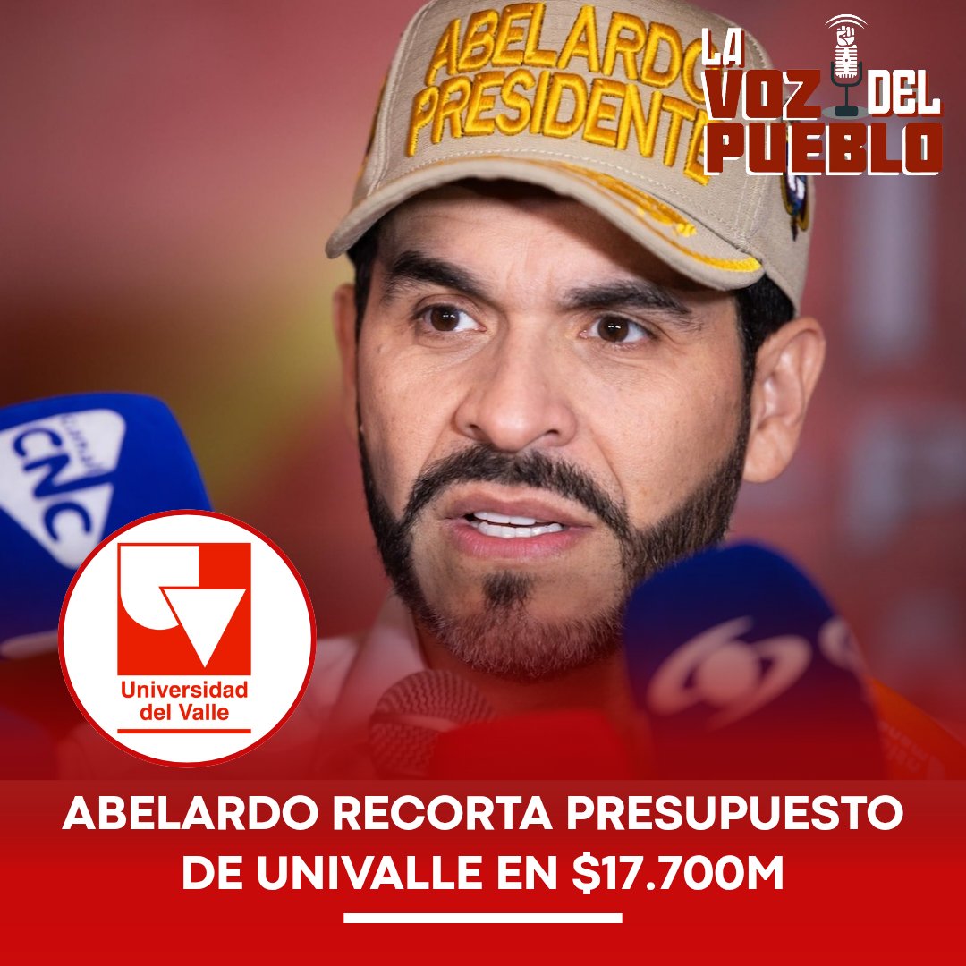 lavozdepueblo1's tweet photo. 🚨 GOBIERNO DE ABELARDO RECORTA PRESUPUESTO DE UNIVALLE EN MÁS DE $17.700 MILLONES

La representante a la Cámara Ana Erazo encendió las alarmas en el Valle del Cauca al denunciar un drástico recorte de $17.791 millones de pesos en el presupuesto asignado a la Universidad del Valle para 2027. Según la congresista, mientras el presupuesto del Gobierno de Abelardo de la Espriella aumentó globalmente en $59,3 billones, la asignación para la institución pública cayó de $664.281 millones a $646.490 millones tras los ajustes del Ministerio de Hacienda.

La denuncia deja al descubierto las prioridades del Ejecutivo, que prefirió inflar los rubros para el pago de la deuda y el sector defensa sacrificando los recursos para la educación superior pública. Ante el desfinanciamiento que amenaza el funcionamiento académico del centro educativo regional más importante, organizaciones sociales, estudiantes y docentes ya preparan jornadas de movilización para exigir que el Congreso eche para atrás el tijerazo presupuestal.