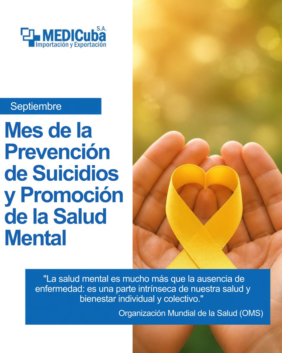 _MEDICuba's tweet photo. 💛 Septiembre Amarillo: el mes de la prevención del suicidio.
Hablar salva vidas. Escuchar sin juzgar es un acto de amor. 
Si  estás atravesando una crisis, busca ayuda. No estás solo. En Cuba, el  sistema de salud cuenta con servicios de atención.
#medicubasa #septiembreamarillo https://t.co/Ty9yyqeXAC