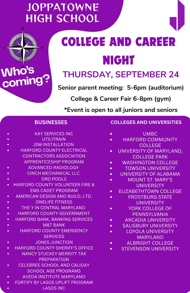 joppatownehs's tweet photo. Planning for life after high school starts now. Joppatowne High School juniors, seniors, and families are invited to attend our College and Career Night on Thursday, September 24. https://t.co/5Cm1lUWo5Z