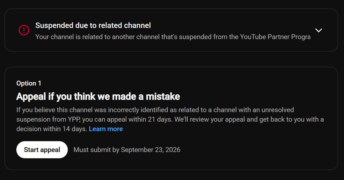 vixiostwt's tweet photo. Please can I talk to a human at @TeamYouTube You demonetized one of my channels for 0 reasoning, then continued to demonetize 6 of my channels without warning.

The first demonetization which is the one that caused this was completely false, I proved this in my appeal and I can provide even more proof, this is completely unfair.