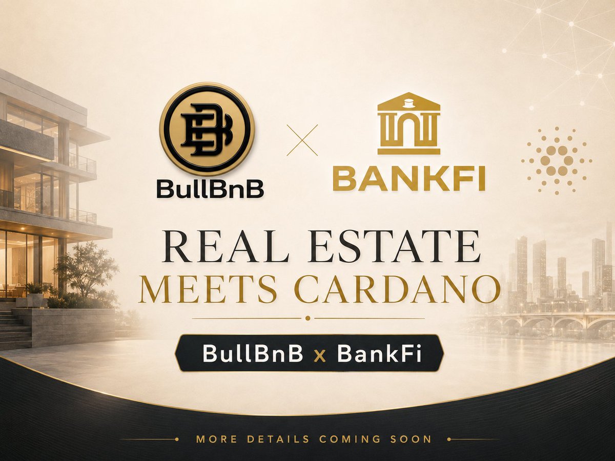 BankFiOfficial's tweet photo. Real-world assets don’t have to be complicated.

@BullBnBLP and @BullCoin_ada know real estate.

BankFi knows Cardano.

Together, we’re bringing real-world rental opportunities on-chain through a simple, gamified experience built for Cardano users.

Over the next few weeks, we’ll show you exactly how it works.

Real estate meets Cardano.

More details coming soon.