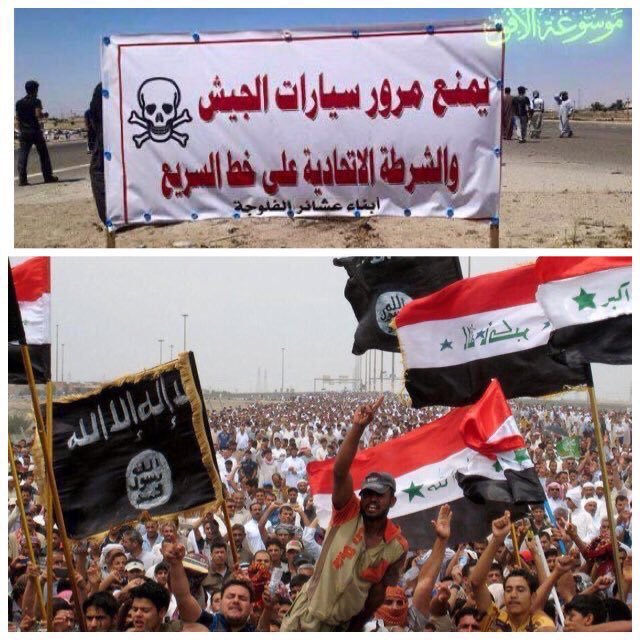 hashedelesood's tweet photo. The Iraqi Sunni Anbar rally of 2013-2014 before ISIS had entered Iraq,

The sign reads no passing of Army vehicles &amp; police

People spreading the idea that "ISIS is Israeli" are whitewashing crimes in front of your eyes. https://t.co/xGWxvNILPX