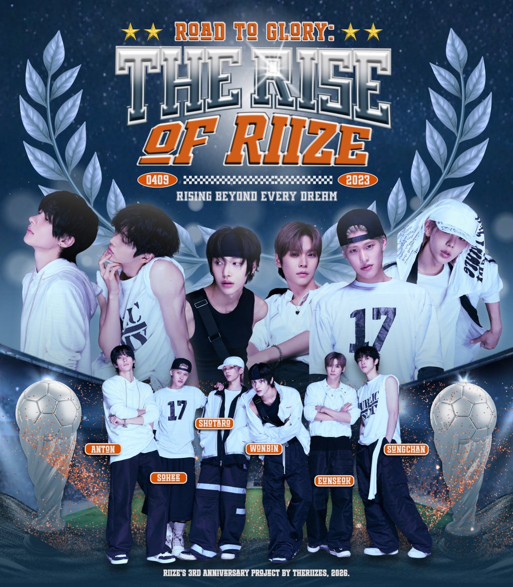 THERIIZEs's tweet photo. ⋆ ⚽️ Time has shaped RIIZE through years of passion, determination and constant growth. Third anniversary marks a proud milestone, as 𝗥𝗼𝗮𝗱 𝘁𝗼 𝗚𝗹𝗼𝗿𝘆: 𝗧𝗵𝗲 𝗥𝗶𝘀𝗲 𝗼𝗳 𝗥𝗜𝗜𝗭𝗘 reflects a climb from opening match to champions’ podium on world cup stage. 𐃯.ᐟ https://t.co/Vavh6Ho0nB