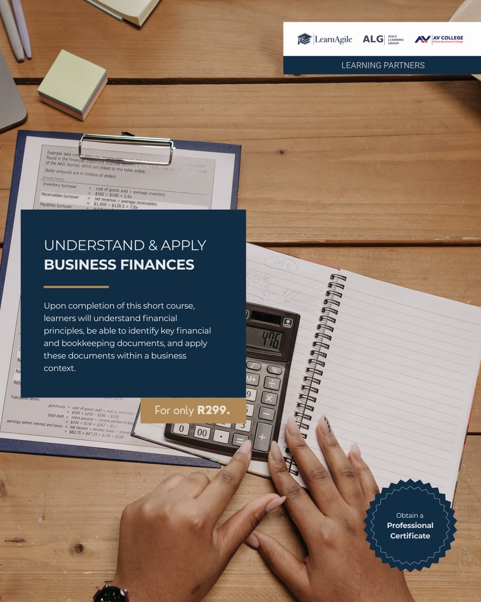 LearnAgile_'s tweet photo. Make sense of the numbers behind your business! 🧮🔢

Learn financial principles, bookkeeping &amp; key business documents. 

100% online, certificate included for only R299 once-off. 
Enrol now: https://t.co/WNx06S7A2l

#learnagile #shortcourse #FinancialLiteracy #onlinelearning https://t.co/aJTmwg39Ms