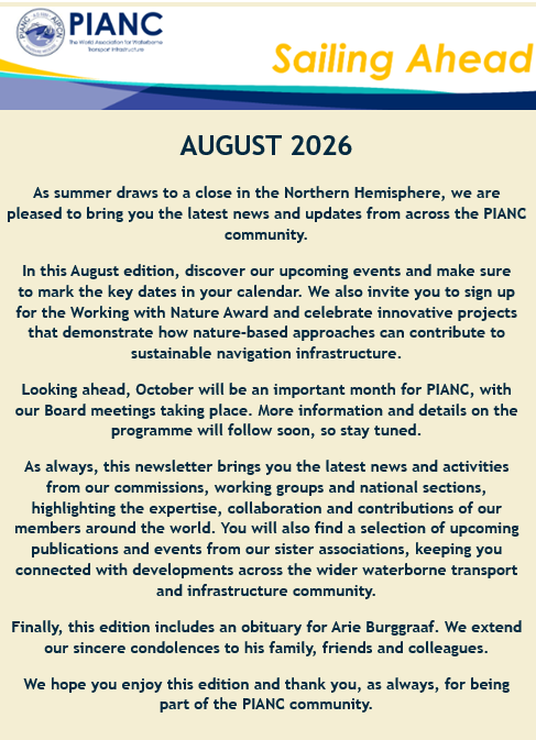 PIANC1's tweet photo. The PIANC August edition of the e-newsletter 'Sailing Ahead' gives you an overview of the main highlights of PIANC's activities this past month!  👉 Download your free copy at https://t.co/JOF5g2fcCf. https://t.co/h2uUDuAE7d