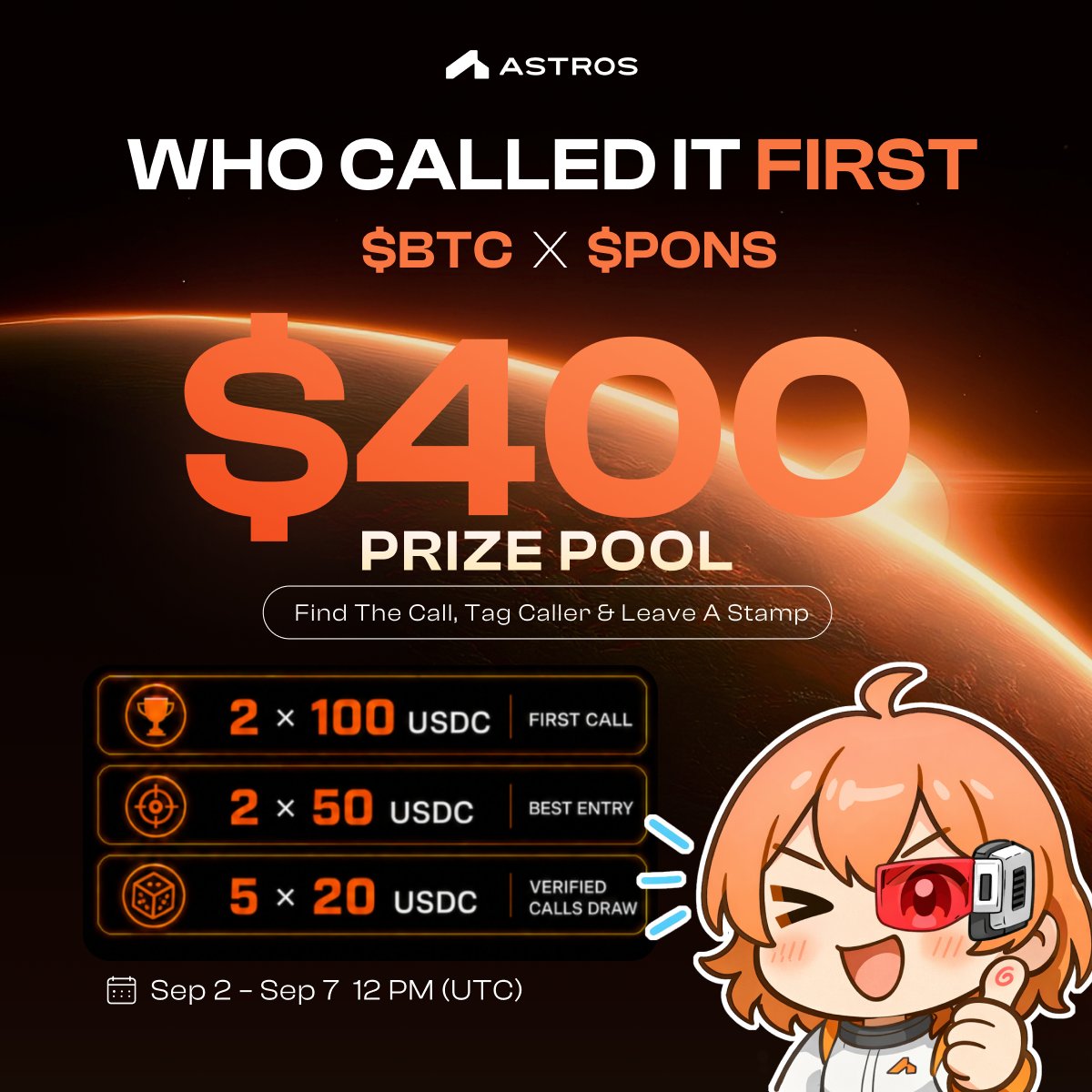 astros_ag's tweet photo. WHO CALLED IT FIRST? bitcoin:native × ethereum:0x07f5b6823751c2e2cd4560f28af75ff887102241

Now everyone has a take.
We want the calls from before the crowd.

How to Join:
1⃣ Find the Call on X

bitcoin:native: Find the earliest valid call from the 7 days before the $70K breakout.
ethereum:0x07f5b6823751c2e2cd4560f28af75ff887102241: Find the earliest valid call made after the token launched. 

2⃣ Leave comment with Original Link &  @ Caller

🥇100 USDC Each First Call (bitcoin:native, ethereum:0x07f5b6823751c2e2cd4560f28af75ff887102241)
🎯 50 USDC Each Best Entry (bitcoin:native, ethereum:0x07f5b6823751c2e2cd4560f28af75ff887102241)
🎫 5 × 20 USDC All Verified Calls Draw

Entries close in 5 days.

Follow @Astros_Intern for live checks, current leaders and draw status.