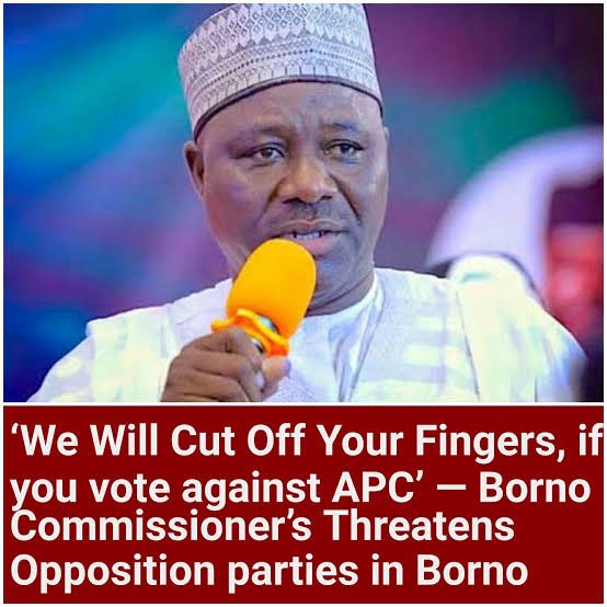 Princeujay's tweet photo. 🚨 RETWEET MASSIVELY 🚨
Saina Buba, Borno State Commissioner, was captured on video threatening that those who refuse to vote APC would have their fingers cut and be flogged.

Such an individual should be placed on a visa ban. He is not just dangerous, but dangerously toxic to society.

An ordinary commissioner making such threats? Imagine giving someone with this mindset the powers of a governor.

Democracy is about choice not threats, fear or intimidation.

🔁 RETWEET and let’s make Mr Comissioner popular to the international community 
  Cc @foxnewspolitics @AJEnglish 
@UNHumanRights @UN_HRC