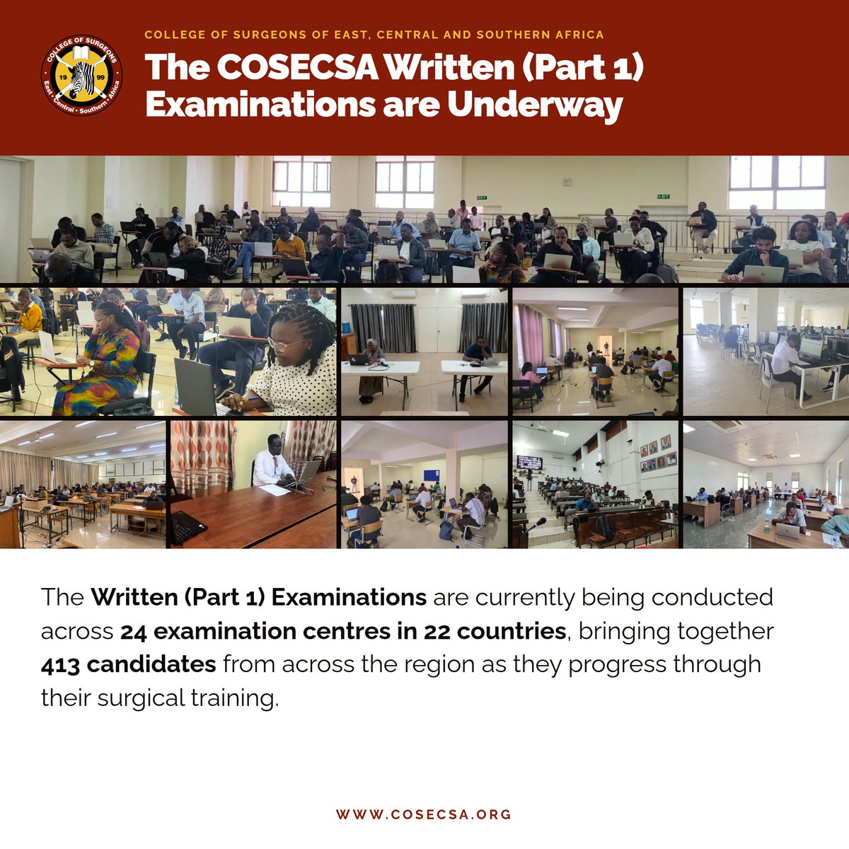 cosecsa's tweet photo. The COSECSA Written (Part 1) Examinations are underway across 24 examination centres in 22 countries.
#COSECSA #COSECSA2026 #SurgicalTraining #GlobalSurgery https://t.co/F6W26eexTp