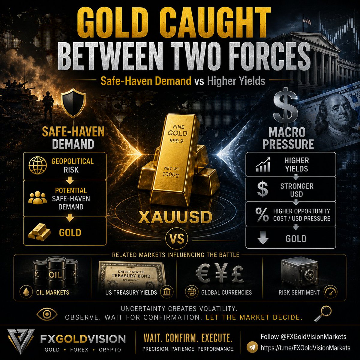 fxgoldvision's tweet photo. Gold is showing why geopolitics ≠ automatically bullish XAUUSD.

US–Iran tensions are increasing risk and lifting oil, but higher Treasury yields and a stronger USD are currently creating heavier pressure on Gold.

Watch yields, USD, oil and upcoming US jobs data.

No confirmation = no trade.

#XAUUSD #Gold #Macro