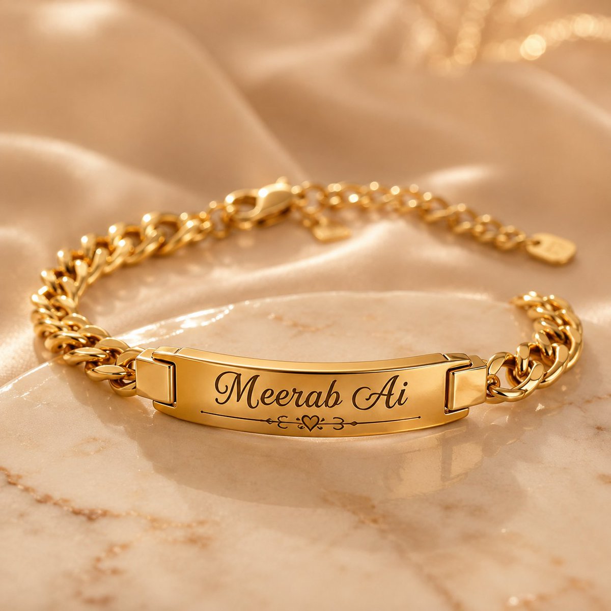 cco_ol's tweet photo. Create a luxurious 10-second vertical 9:16 jewelry commercial featuring a beautiful adult woman with elegant features wearing the same golden bracelet on her RIGHT wrist. Preserve the bracelet design, gold color, chain style, proportions, and especially the engraved text “Meerab Ai” exactly as shown in the reference image.**

**Scene 1 — 0–2s:** Close-up of the woman’s right hand and wrist, softly illuminated by warm golden studio lighting. She slowly brings her wrist into frame, revealing the bracelet with realistic gold reflections.

**Scene 2 — 2–5s:** Smooth cinematic camera movement follows her hand as she gently turns her wrist toward the camera. The bracelet catches the light naturally, creating beautiful highlights and reflections.

**Scene 3 — 5–8s:** Extreme macro close-up of the bracelet plate. Focus sharply on the engraved **“Meerab Ai”** lettering, keeping the text perfectly readable and unchanged. Shallow depth of field, premium jewelry-commercial look, realistic metal texture.

**Scene 4 — 8–10s:** She elegantly raises her right wrist and subtly shows off the bracelet with a confident, graceful gesture. Camera slowly pushes in toward the **“Meerab Ai”** engraving before ending on a clean luxury hero shot.

**Style:** ultra-realistic, high-end jewelry advertisement, cinematic lighting, soft warm highlights, realistic skin texture, natural hand movement, elegant feminine styling, premium luxury aesthetic, macro photography, shallow depth of field, smooth slow motion, realistic reflections, 4K/8K detail.

**Important:** Keep **“Meerab Ai”** spelled exactly, clearly visible, and stable throughout. No distorted text, no extra letters, no bracelet redesign, no change to the gold color, no extra jewelry, no deformed fingers or hands.