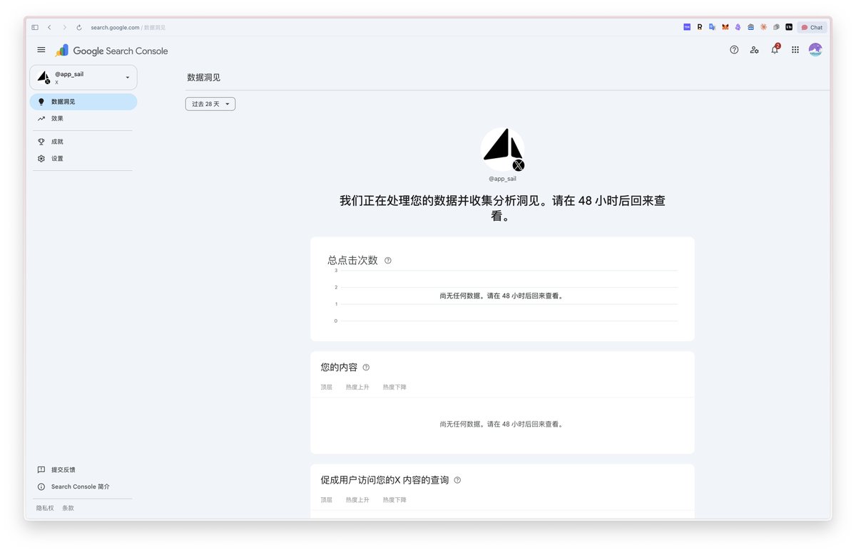 app_sail's tweet photo. Google Search Console 这个功能好啊，除了监测网站以外，可以监测很多社交媒体平台的数据了

接入方法很简单
1️⃣ 打开  https://t.co/7EZaE15O9w
2️⃣ 右上角 添加资源，目前支持 𝕏   TikTok  YouTube  Instagram

然后就等待数据 insight 就好了 https://t.co/rKTvwhhq4s