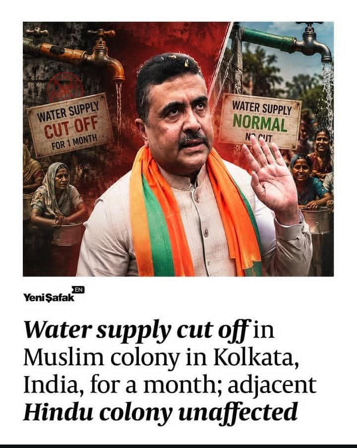 MairaP_SpeakS's tweet photo. 📌Kolkata, tap water has been cut off for almost a month to five streets in a Muslim-majority colony in Kashipur, affecting more than 3,500 residents. 

Households in the Jyotinagar area, locally called Molla Para or the Muslim Colony, say the supply stopped late on 29 July, after municipal workers carried out pipeline repairs from 27 to 29 July, and it has not been restored.

Water continues to flow in neighbouring Hindu-majority blocks, while people in the affected streets say they are either buying water from the Kolkata Municipal Corporation where possible or collecting it from Hooghly river ghats for bathing, washing and other daily needs.

Residents report that children and adults who cannot swim have been forced to use the river, some have slipped on muddy steps, and several children have developed fever, headaches and skin problems after using the river water.

Some locals also allege that a BJP MLA's post-election remark about not working for Muslims who did not vote for him may be linked to the outage, though the municipality and the party have given no official explanation.