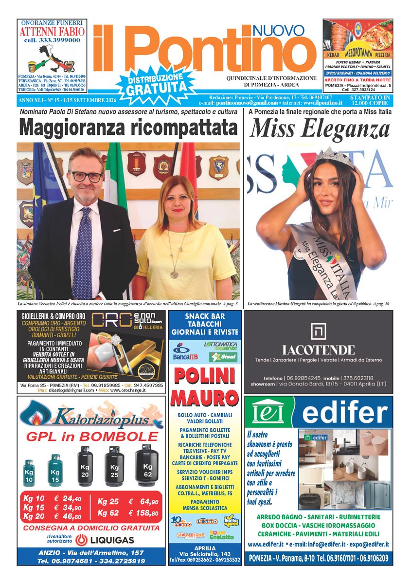 ILitorale's tweet photo. IL PONTINO NUOVO - Numero 15/2026 
Quindicinale di informazione locale di Pomezia ed Ardea
Sfoglia la pubblicazione on line del periodo  1/15 Settembre su:  https://t.co/pb338fJfz9 https://t.co/KJYuHRdAUl