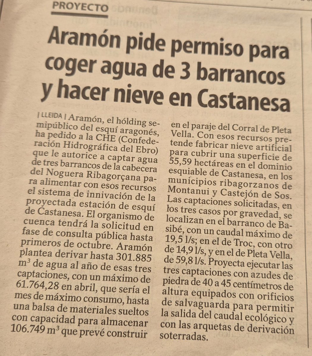 PDMAAragon's tweet photo. El proyecto era sacar agua del rio Baliera, como no hay nieve tratan de salvar los muebles esquilmando barrancos y humedales de la zona Actualmente la innivación la hacen con un trasvase "alegal" trayendo el agua desde Cerler, donde no hay agua de calidad y la cortan muchas veces https://t.co/2miUxfVrpI