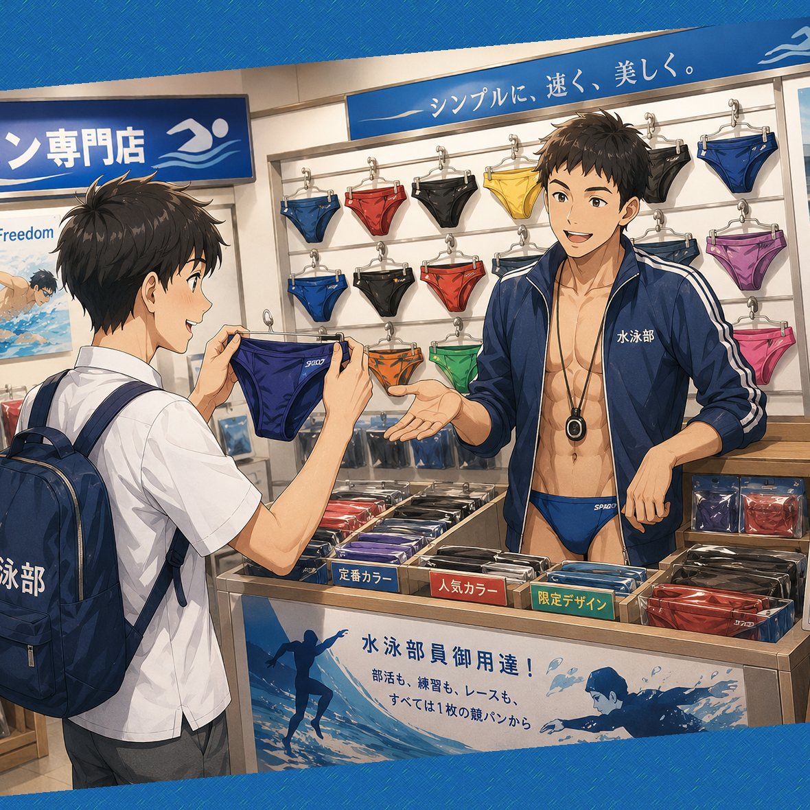 MMD_syouta's tweet photo. 男子用水着専門店
彼方に似合う競パンをス��ッフが紹介してくれます。

…なんて店は存在しない。 https://t.co/1SPzK9CJYd