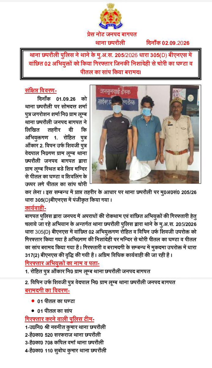 baghpatpolice's tweet photo. #baghpatpolice
थाना छपरौली पुलिस ने थाने के मु.अ.स. 205/2026 धारा 305(D) बीएनएस में वांछित 02 अभियुक्तों को किया गिरफ्तार जिनकी निशांदेही से चोरी का घण्टा व पीतल का सांप किया बरामद।
#UPPolice https://t.co/zHuA1qkOJk