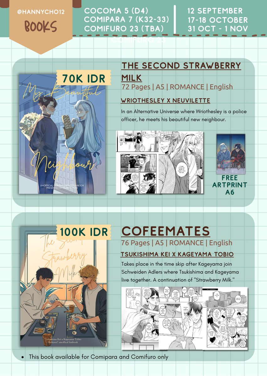 hannycho12's tweet photo. [🔁&amp; ❤️are appreciated!] (1/2)
Comipara 7 &amp; CF23 Pre-Order batch 1 is open!
LOCAL ONLY! 🇮🇩

📅Deadline: 2 Sept - 15 Sept
🛒Pick-Up &amp; Mail Order
🔗: https://t.co/cpIWnNwJ8A 
✨Hoyoverse, Haikyuu!, Shugo Chara, Clamp, Ouran High School, Devil May Cry
 
#cf23 #comifuro23 #comipara7 https://t.co/9b1mQ081kH