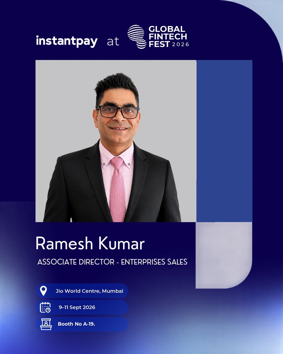 InstantpayIN's tweet photo. Meet Ramesh Kumar, Associate Director - Enterprise Sales
✨ Catch him at #GFF2026 as he shares his perspective on responsible growth.
📅 9–11 Sep 2026 | 📍 Jio World Centre, Mumbai | Booth A-19
#GlobalFintechFest #Leadership #ResponsibleFinance https://t.co/5G0W53Pgq4
