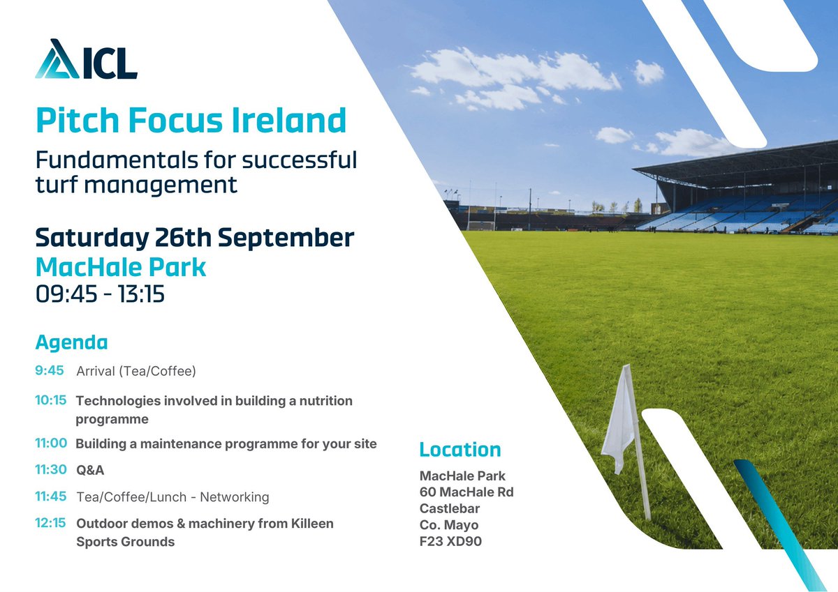 ATPI21's tweet photo. @ICL_Turf's Pitch Focus Ireland comes to MacHale Park, Castlebar on Sat 26th Sept. Morning sessions on nutrition and maintenance programmes, live Q&amp;A, then outdoor demos and machinery from Killeen Sports Grounds.

Book your spot by visiting:
https://t.co/o21Vz0ojsI https://t.co/YgDsaukPLe