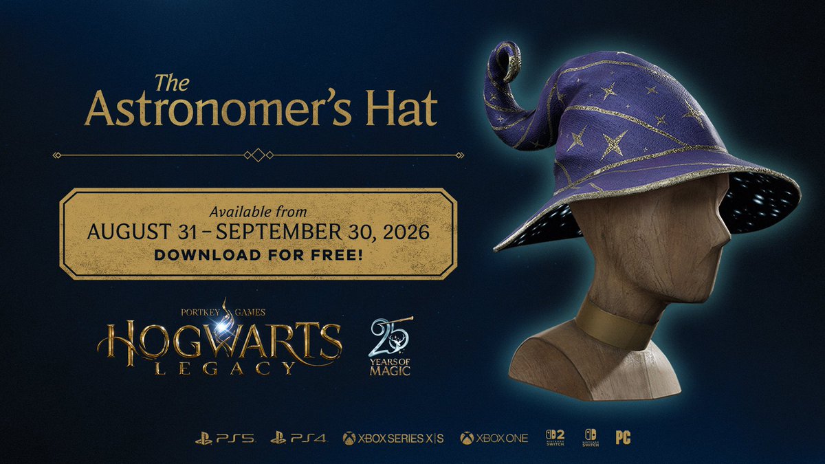 NINTENSHIELD's tweet photo. 2026 Back to Hogwarts 기념
게임 『호그와트 레거시』 아이템
[천문학자의 모자]
무료 선물

닌텐도 스위치 포함 각 플랫폼 스토어에서 
무료 다운로드 가능

배포 기간:
2026년 8월 31일 - 9월 30일(* 해외 배포 시각 기준) https://t.co/or87bGjZoQ