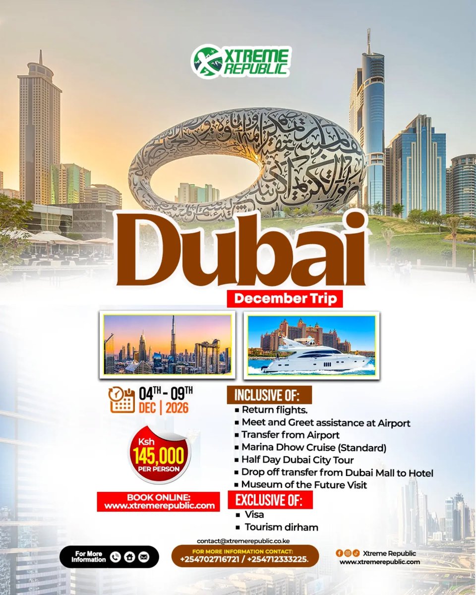 xtreme_republic's tweet photo. DUBAI DEC 2026 TRIP 🇦🇪
Dec 4 | 5 Nights | KSh 145k pp sharing
Fly Air Arabia via Sharjah
Includes: Hotel, B&amp;B, City Tour, Marina Cruise, Desert Safari + BBQ, Dubai Mall, Burj Khalifa, Museum of the Future.
Book/WhatsApp: +254 702 716 721
👉 https://t.co/CnIRK1KUXn https://t.co/csNVTWNdpF