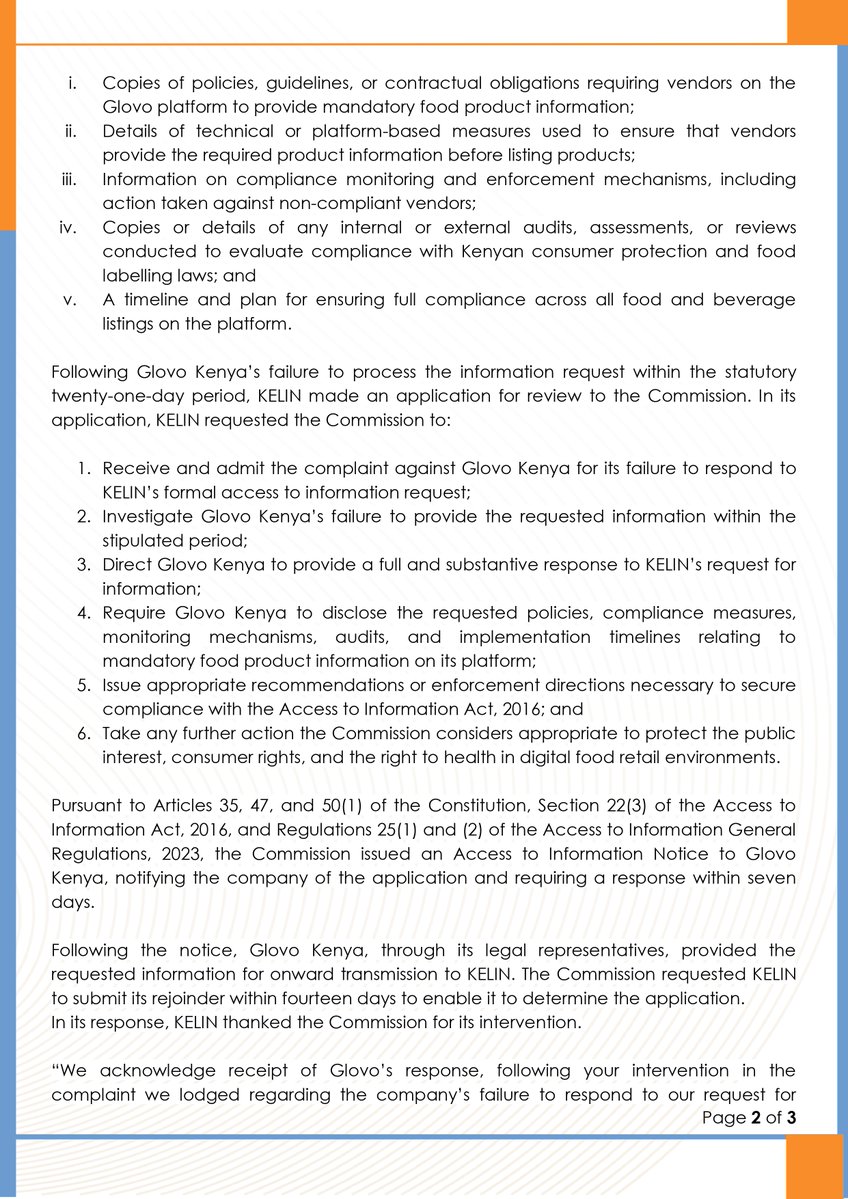 KELINKenya's tweet photo. Do you know what's really in the food you order online? 🍔

@KELINKenya  pushed Glovo Kenya to disclose its food labelling compliance measures, after our request went unanswered, we took it to the @KenyasOmbudsman. 

We asked for details on ingredients, allergens, nutrition info & product warnings on Glovo's platform. Consumers ordering food digitally deserve the same protections as those shopping in person, especially people managing allergies or health conditions.

After the Commission's intervention, @glovo  Kenya has now disclosed its compliance measures. A win for transparency, consumer rights & the right to health in Kenya's growing digital food economy.

@KenyasOmbudsman  @IILAinfo  @IncubatorGHAI  @IDLO  @KenyaNCCK @NCDAllianceKe @aphrc @MalecheAllan