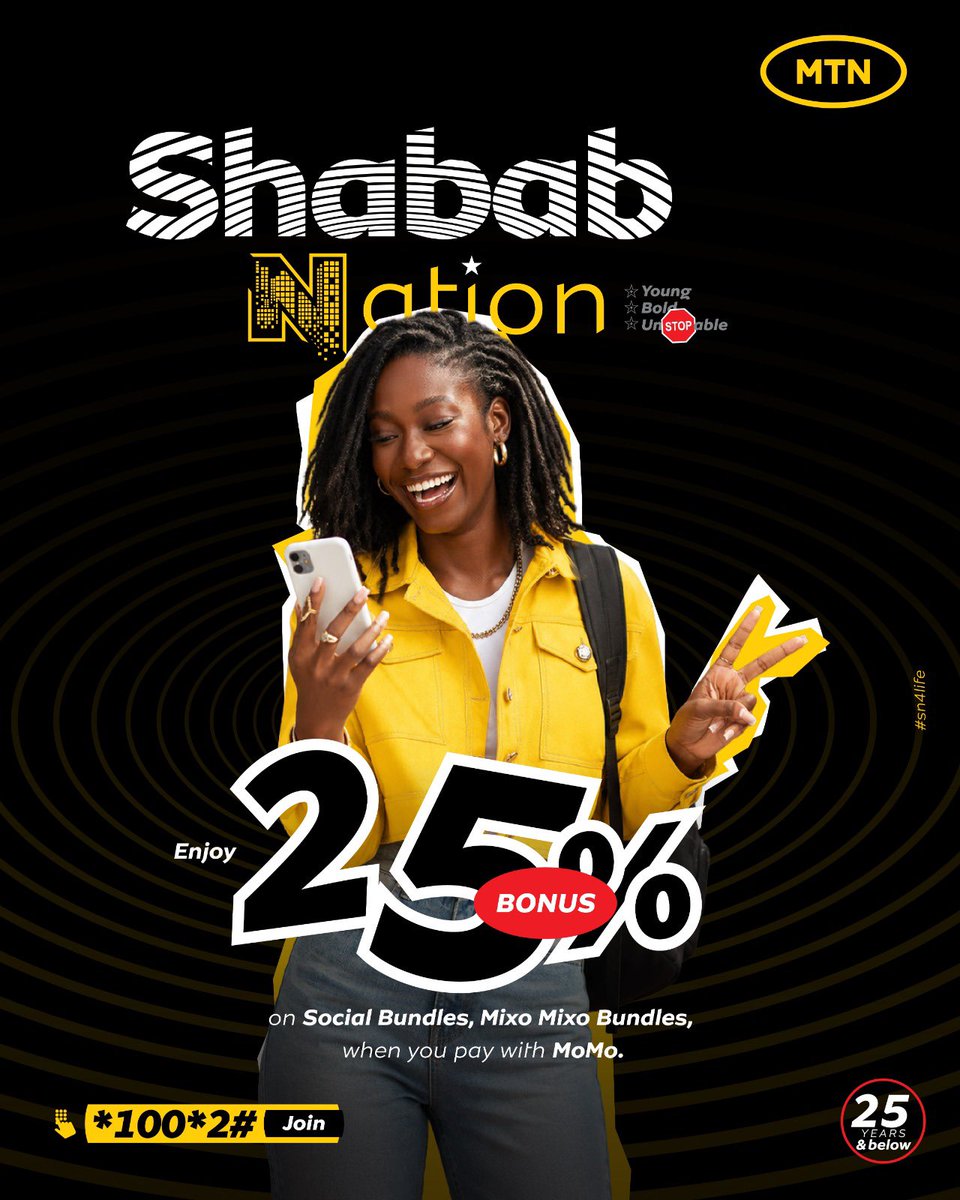 MTNSSD's tweet photo. 25% MORE vibes, 25% MORE to enjoy!
Recharge with MoMo and get a 25% BONUS on Social and MixoMixo bundles when you join Shabab Nation.
Dial *100*2# to register and join the Nation!
#Switch2MTN #BestNetwork #ShababNation https://t.co/ltZXYtfEFa